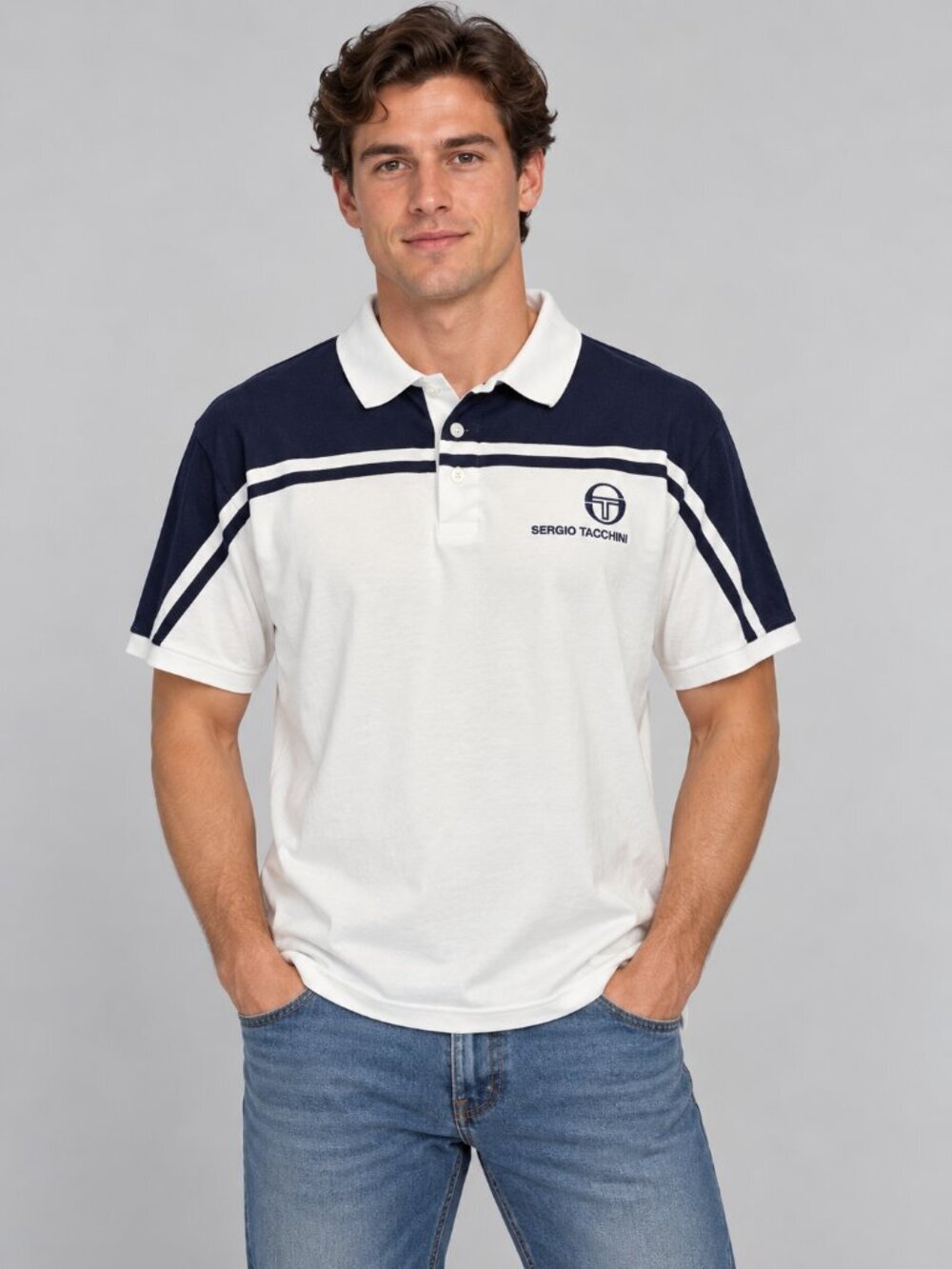 Sergio Tacchini M Navy White Polo Shirt Embroidered Logo Striped Tennis